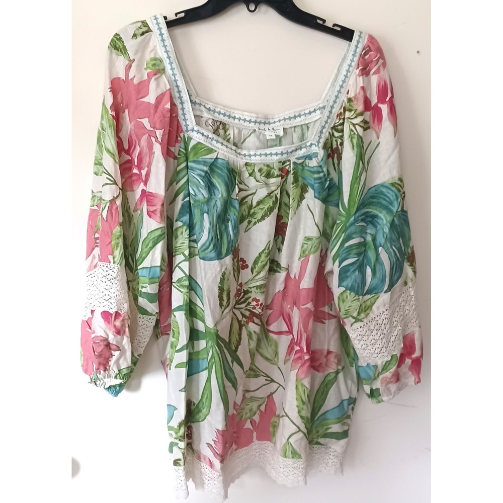 Nicole Miller Blouse Women's 1X White Tropical Floral 55% Linen Lace‎ Trim Boho